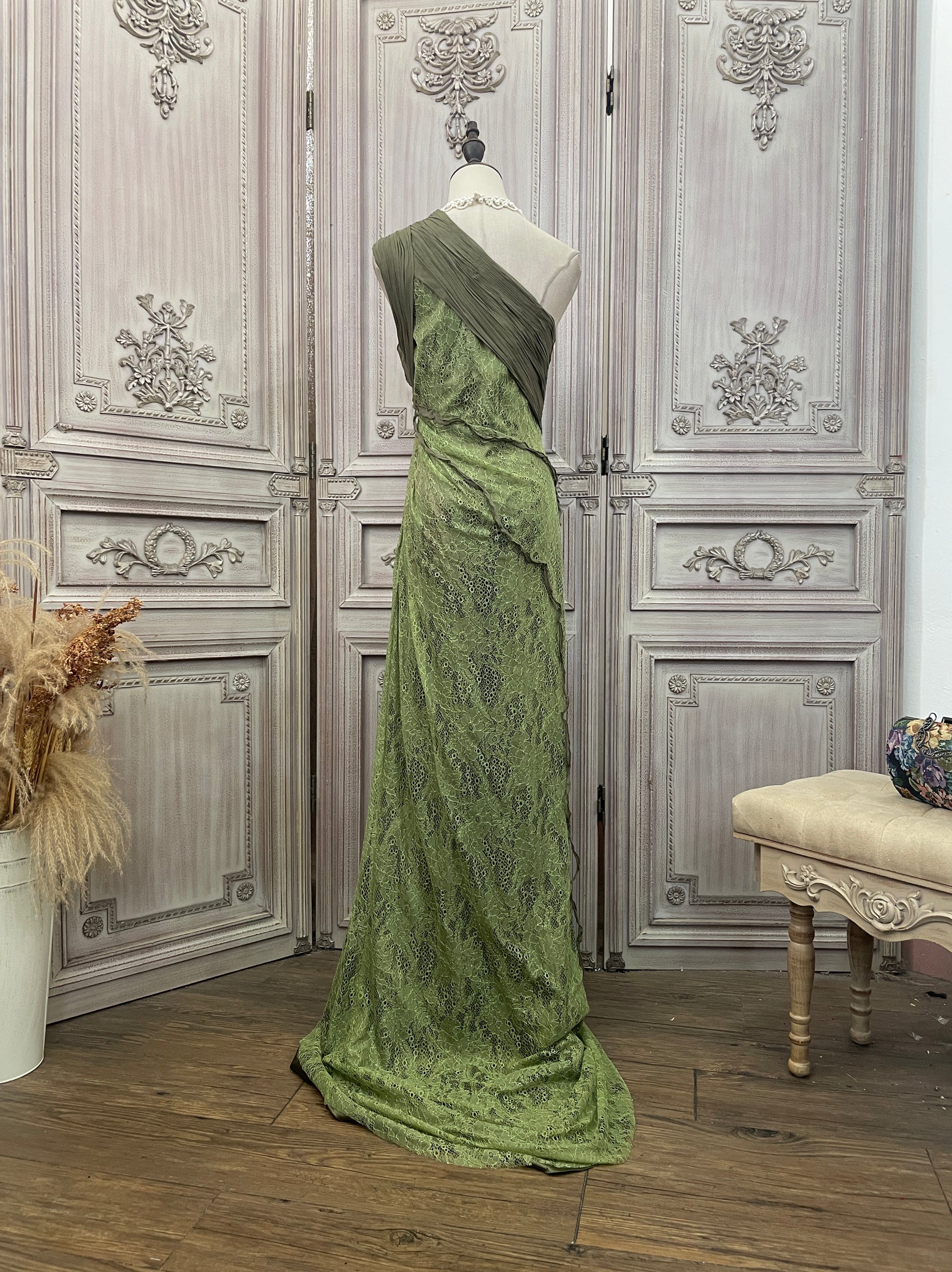 Elegant Green One-Shoulder Fitted Pleated Waist Lace Train Prom Dress Evening Dress P4731 - Image 6