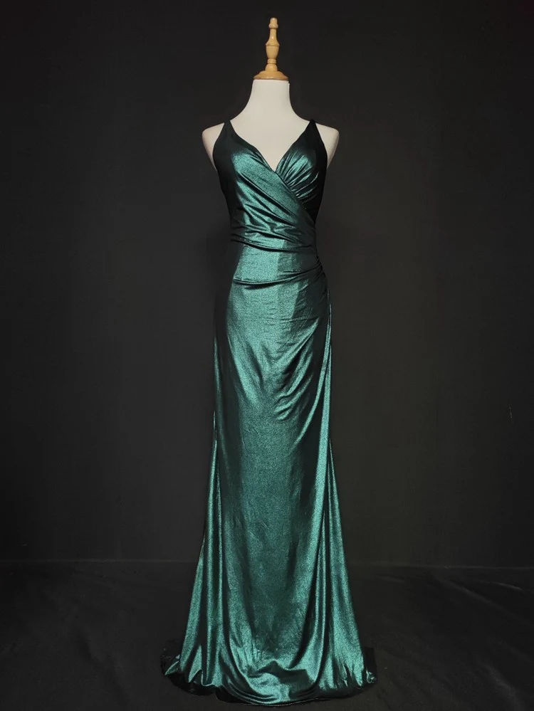 Elegant Green Spaghetti Strap V-Neck Ruffled Satin Long Prom Dress Evening Dress P4667