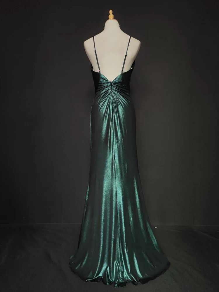 Elegant Green Spaghetti Strap V-Neck Ruffled Satin Long Prom Dress Evening Dress P4667 - Image 3