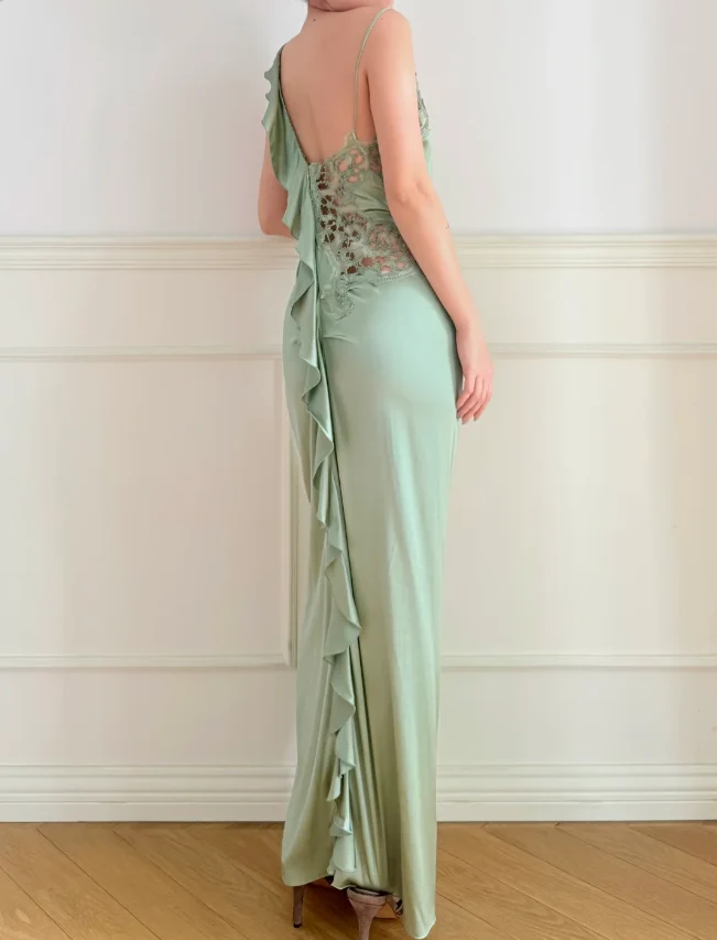 Elegant Green V-Neck Mermaid Ruffle Cutout Lace Satin Long Prom Dress Evening Dress P4881 - Image 3