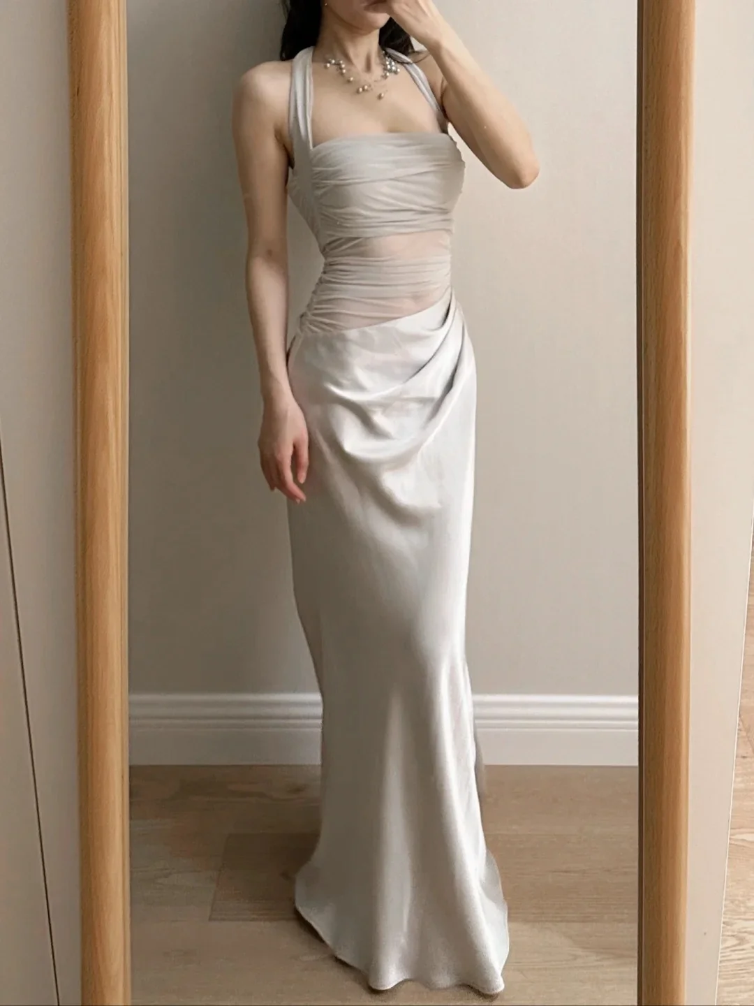 Elegant Grey Mermaid Halter Neck Square Neck Satin Tulle Long Prom Dress Evening Dress P4259 - Image 2