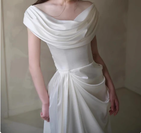 Elegant high-end satin off-the-shoulder floor-length wedding dress P2676 - Image 3