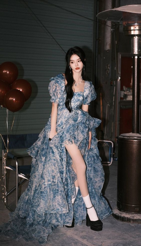 Elegant High Low Blue Floral Prom Dresses Long Formal Dress P1114 - Image 4