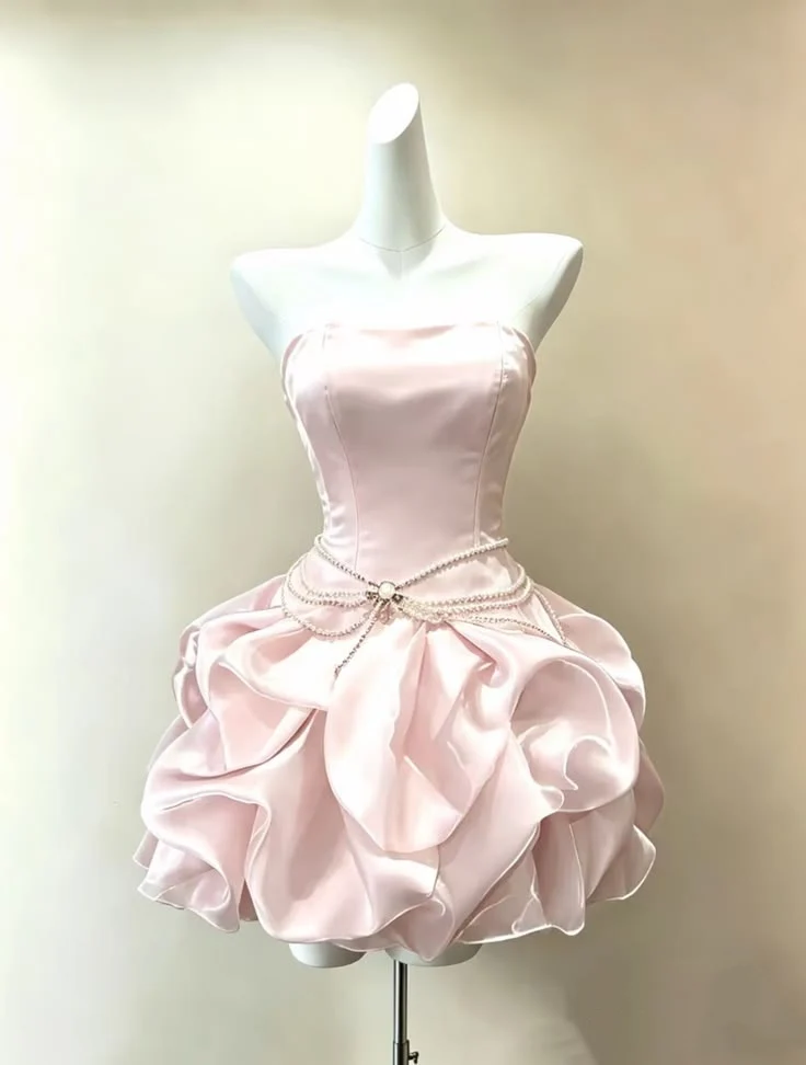 Elegant Homecoming Dress Strapless Light Pink Pleated Cocktail Dress Short Birthday Dress    P4927
