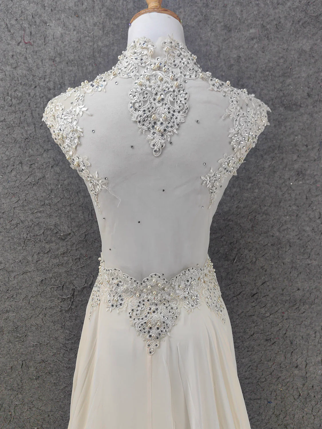 Elegant Ivory Cap-Sleeve Pearl Lace Chiffon Long Prom Dress Evening Dress P4657 - Image 6