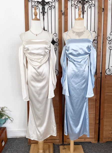 Elegant Ivory Halter Off-the-shoulder Slim-fit Satin Long Prom Dress Evening Dress P4534 - Image 2
