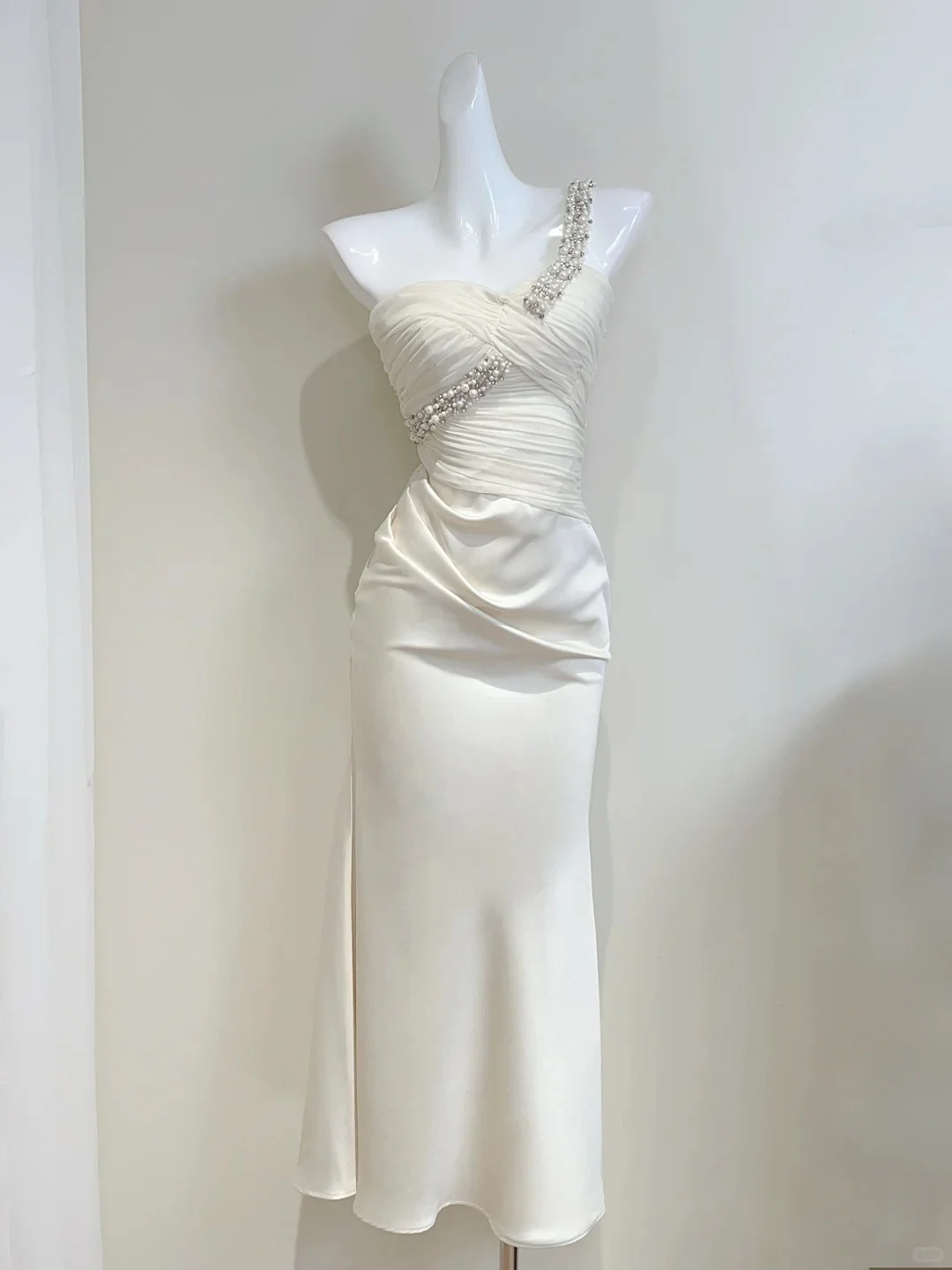 Elegant Ivory Mermaid One-shoulder Neckline Pearl Rhinestone Satin Long Prom Dress Evening Dress Bridesmaid Dress P4073 - Image 2