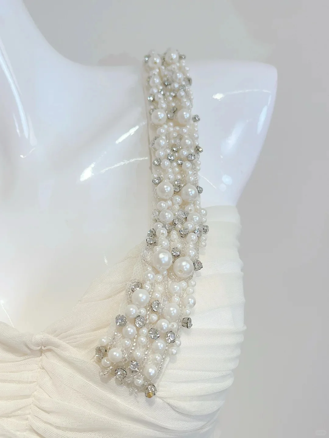 Elegant Ivory Mermaid One-shoulder Neckline Pearl Rhinestone Satin Long Prom Dress Evening Dress Bridesmaid Dress P4073 - Image 4