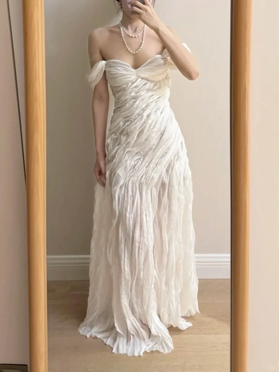 Elegant Ivory Pleated Satin Long Prom Dress Evening Dress P4264 - Image 7