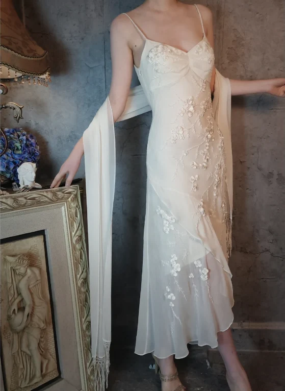 Elegant Ivory Mermaid V-Neck Thin Straps 3D Floral Chiffon Long Prom Dress Evening Dress P4318 - Image 4