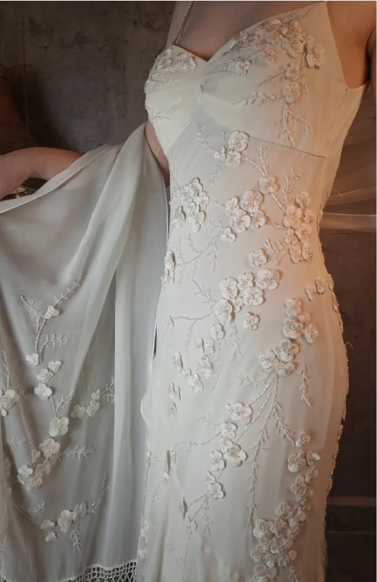 Elegant Ivory Mermaid V-Neck Thin Straps 3D Floral Chiffon Long Prom Dress Evening Dress P4318 - Image 5