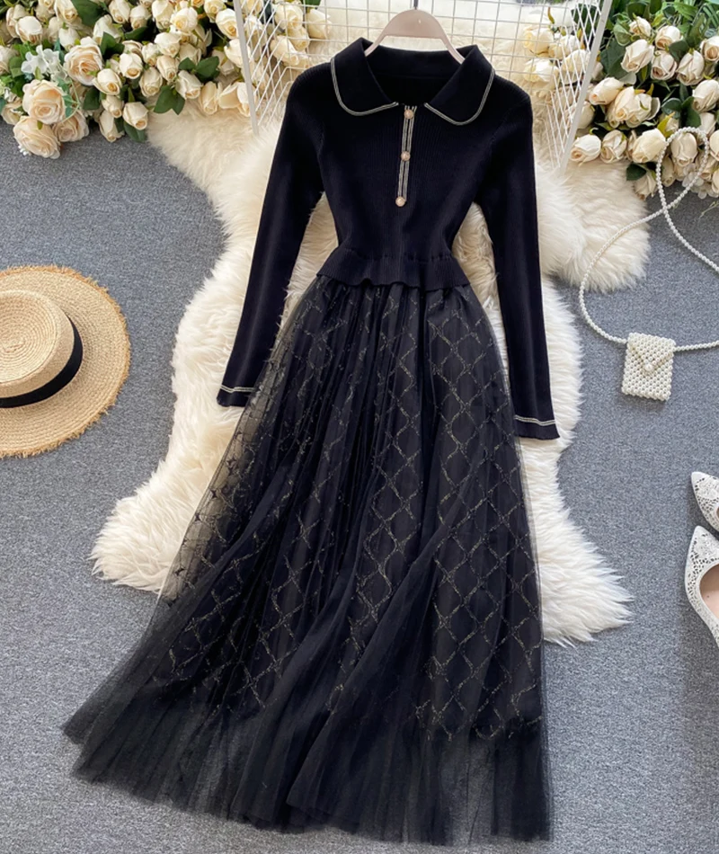 Elegant Knitted Tulle Splicing Dress P319 - Image 4