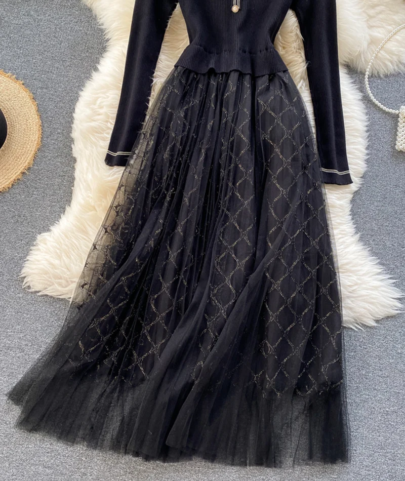 Elegant Knitted Tulle Splicing Dress P319 - Image 7