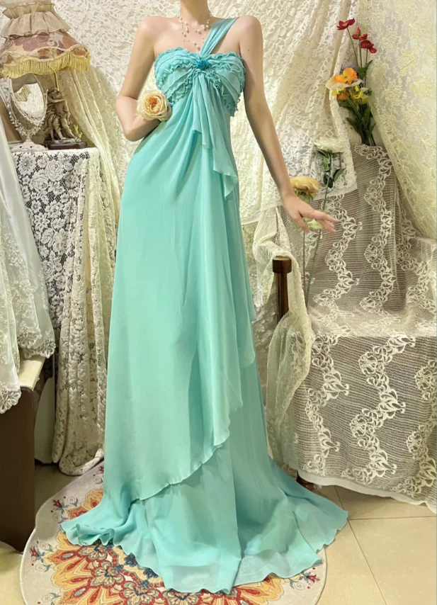 Elegant Lake Green One Shoulder Chiffon Off Shoulder Long Prom Dress P3759 - Image 2