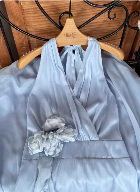 Elegant Light Blue A-line Halter V-neck 3D Floral Chiffon Long Prom Dress Evening Dress P4541 - Image 4