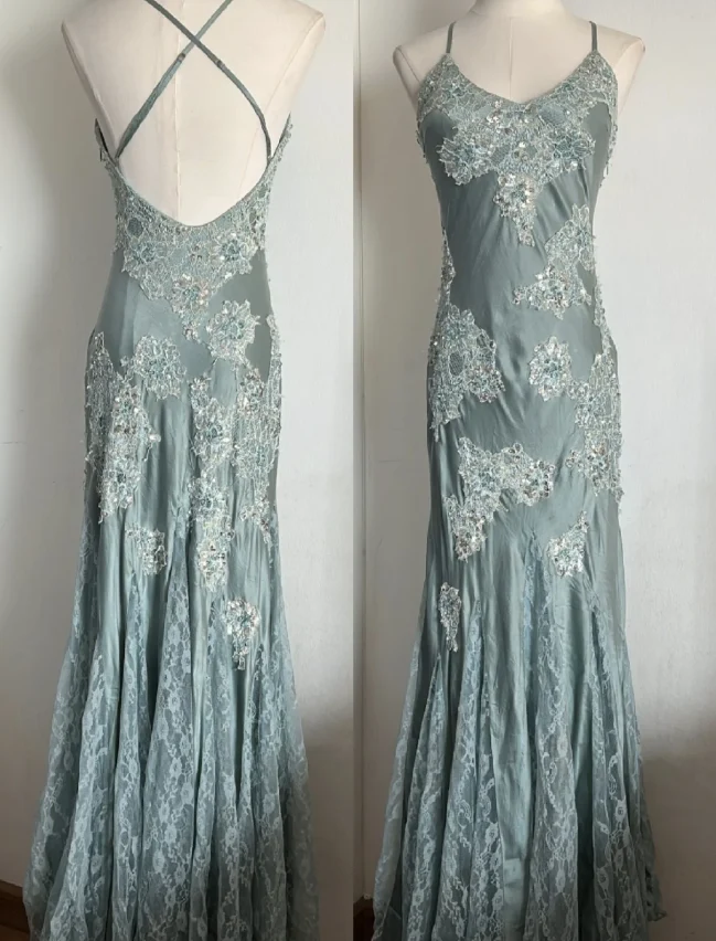 Elegant Light Blue Mermaid Crisscross Backless Lace Satin Long Prom Dress Evening Dress P4803