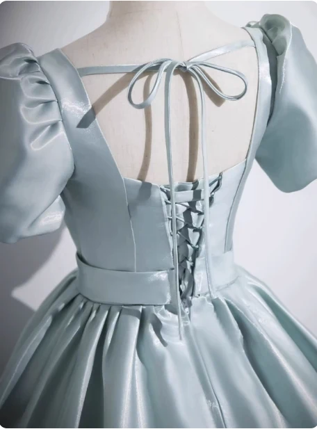 Elegant Light Cyan Square Neck Short Sleeve Satin Long Prom Dress Evening Dress P4581 - Image 3
