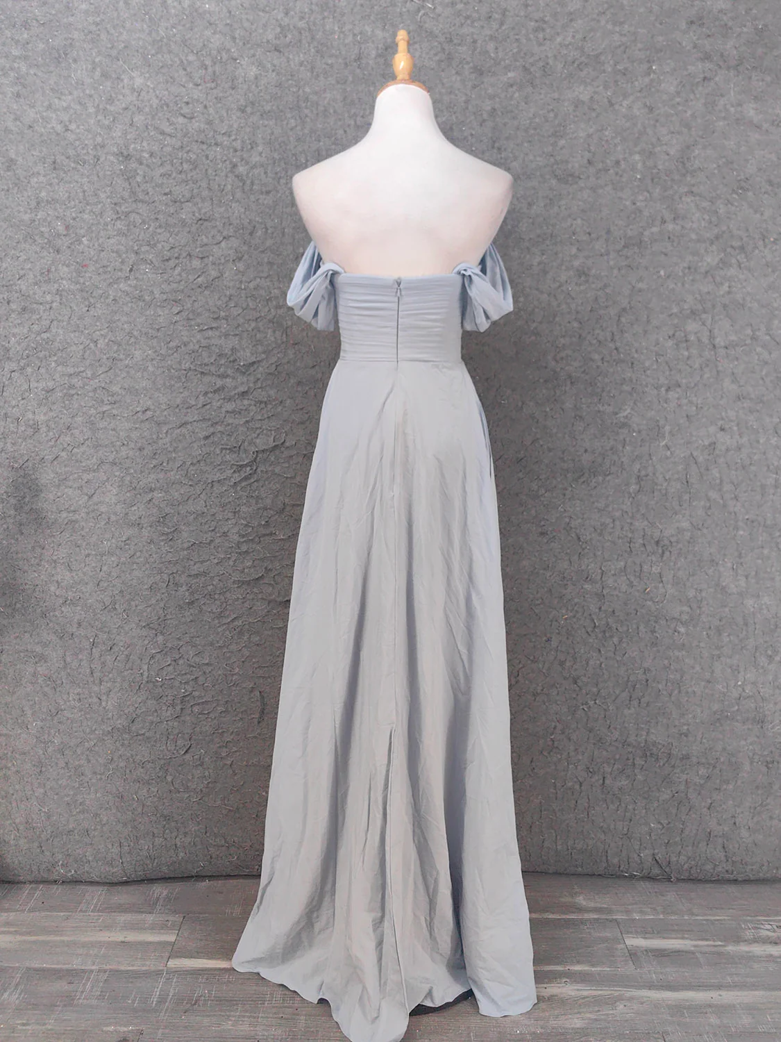 Elegant Light Gray A-Line Off-Shoulder Twist Ruffled Chiffon Long Prom Dress Evening Dress Bridesmaid Dress P4659 - Image 4