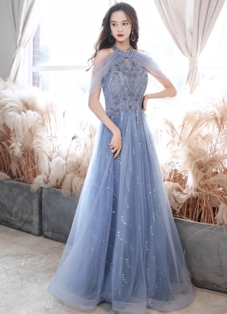Elegant Light Haze Blue A-line Halter Cold Shoulder Tulle Long Prom Dress Evening Dress P4479 - Image 3