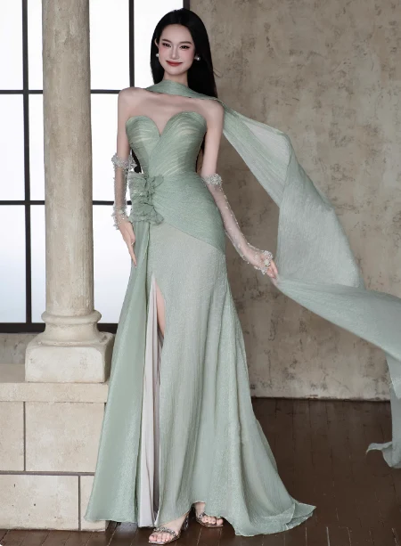 Elegant Light Mint Green Sweetheart Neck 3D Floral Split Chiffon Prom Dress Evening Dress P4446 - Image 3