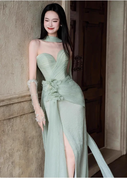 Elegant Light Mint Green Sweetheart Neck 3D Floral Split Chiffon Prom Dress Evening Dress P4446 - Image 4
