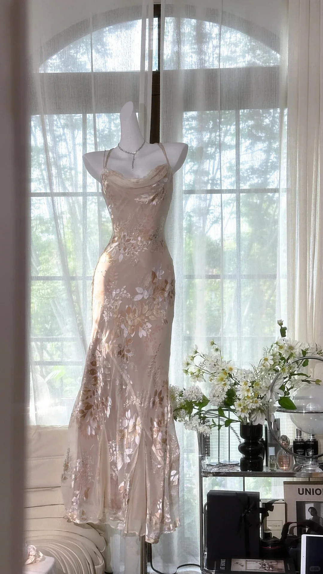 Elegant Light Pink Chiffon Printed Mermaid Evening Gown Prom Dress P3261 - Image 4