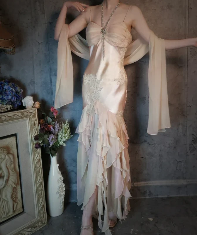 Elegant Light Pink Mermaid Beaded Layered Ruffled Satin Prom Dress Evening Dress P4321 - Image 2