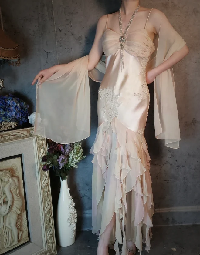 Elegant Light Pink Mermaid Beaded Layered Ruffled Satin Prom Dress Evening Dress P4321 - Image 3