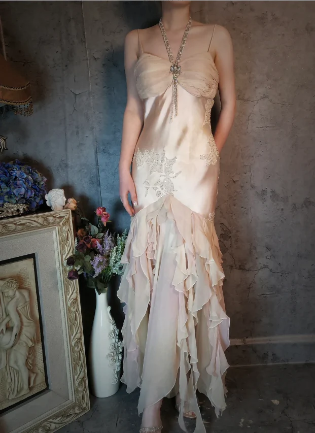 Elegant Light Pink Mermaid Beaded Layered Ruffled Satin Prom Dress Evening Dress P4321 - Image 7