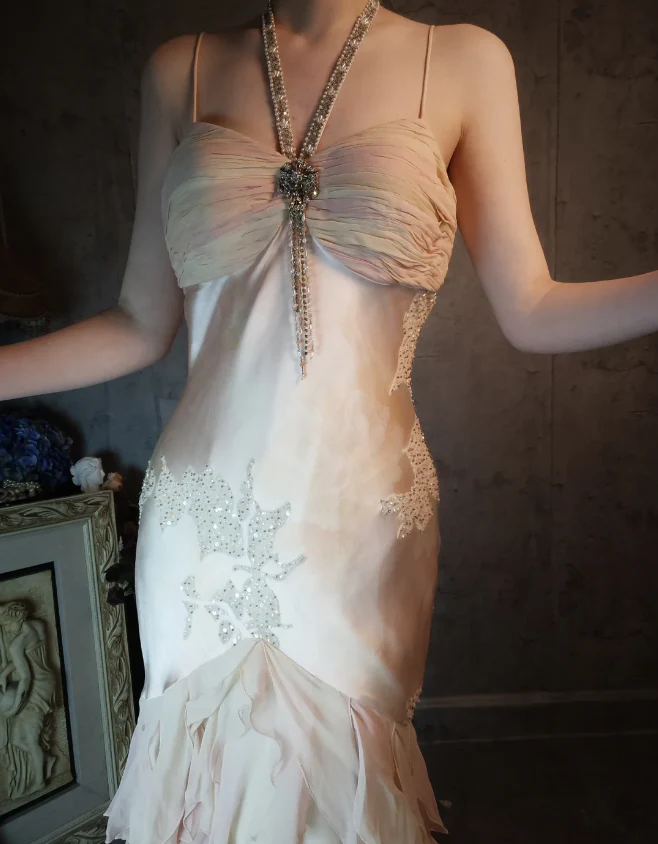 Elegant Light Pink Mermaid Beaded Layered Ruffled Satin Prom Dress Evening Dress P4321 - Image 8