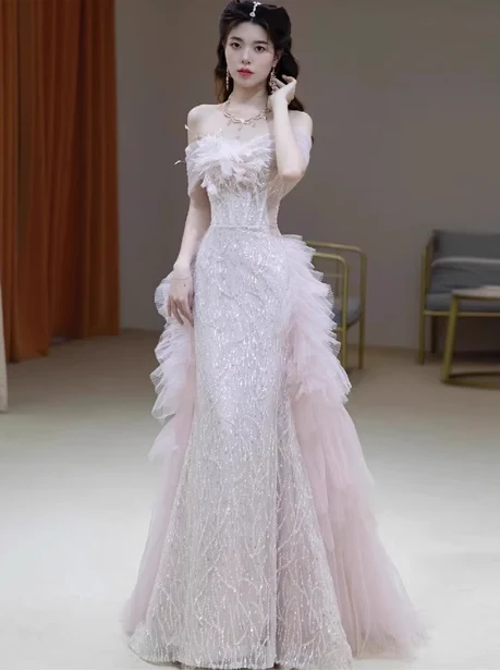 Elegant Light Pink Mermaid Off-the-shoulder Sequined Sheer Tulle Long Prom Dress Evening Dress P4465 - Image 3