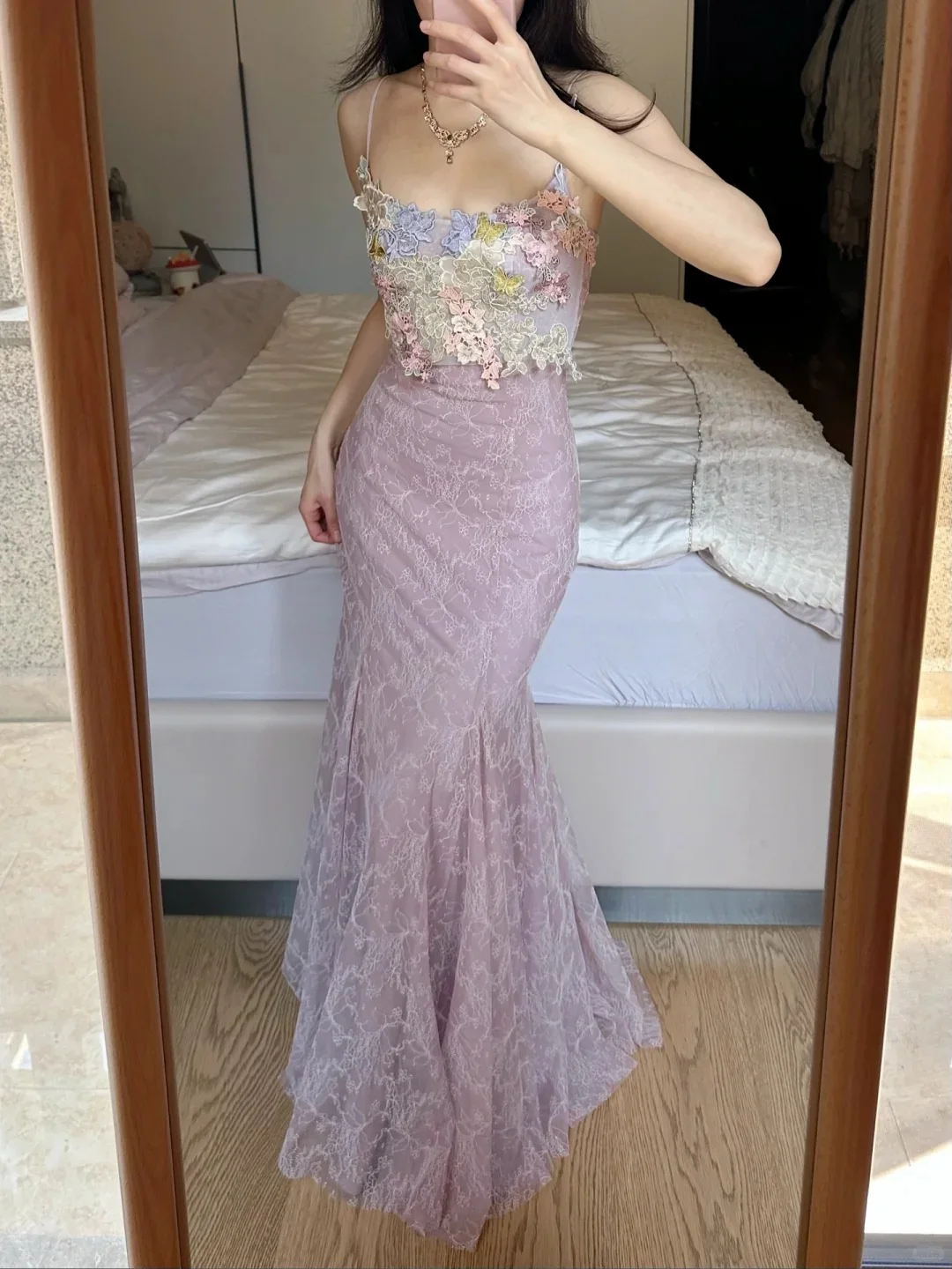 Elegant Light Purple Mermaid Square Neck 3D Floral Lace Long Prom Dress Evening Dress P4258 - Image 3