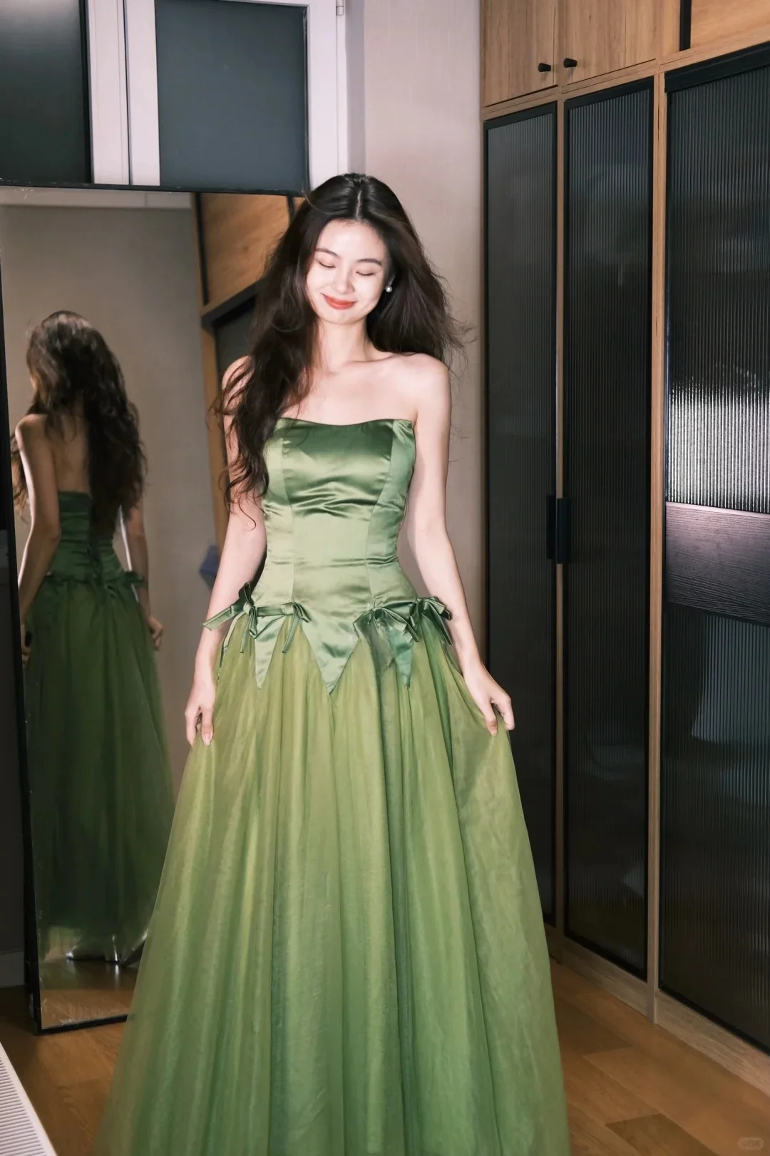 Elegant Matcha Green Strapless A-Line Satin Tulle Patchwork Long Prom Dress Evening Dress P4771 - Image 2