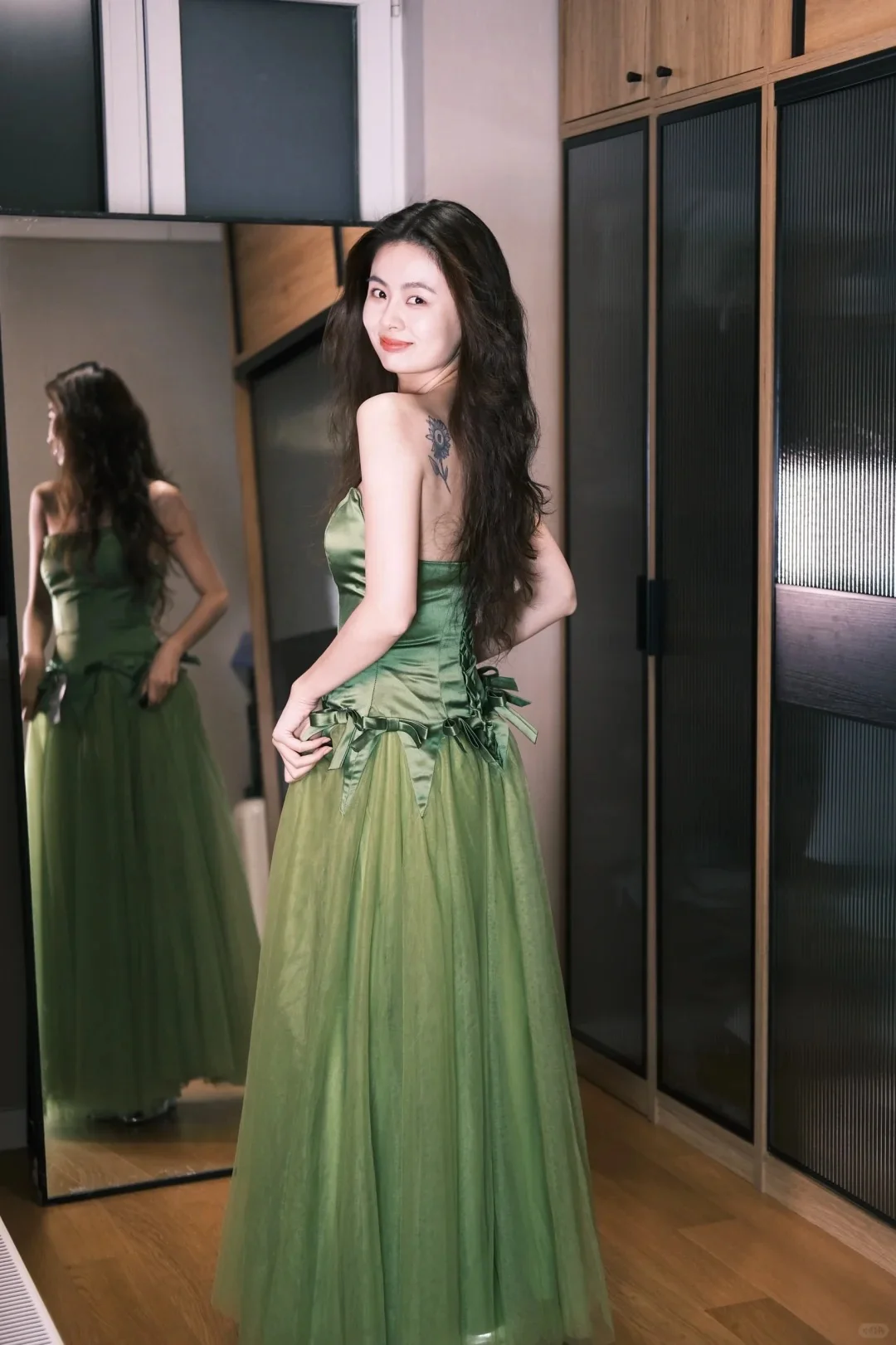 Elegant Matcha Green Strapless A-Line Satin Tulle Patchwork Long Prom Dress Evening Dress P4771 - Image 3