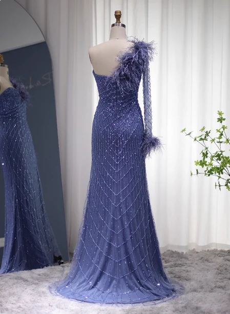 Elegant Mermaid Blue One-Shoulder Feather Beaded Tulle Long Prom Dress Evening Dress P4625 - Image 2