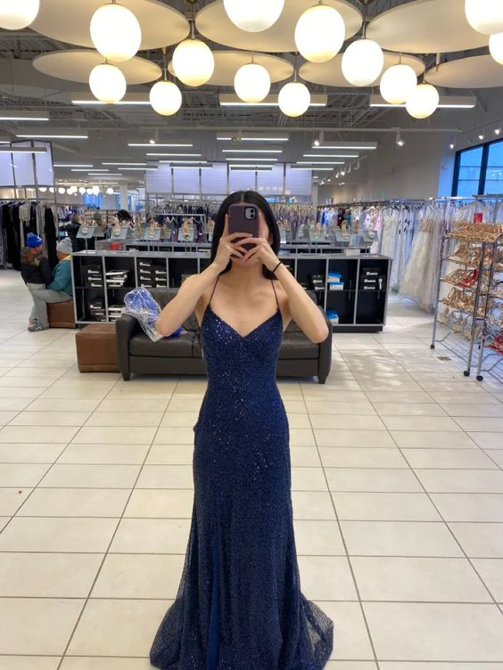 Elegant Mermaid Navy Blue Sequin Prom Dresses Formal Dress P1129