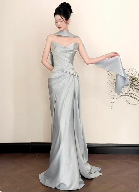 Elegant Mermaid Strapless Ruffled Satin Train Prom Dress Evening Dress P4442 - Image 2