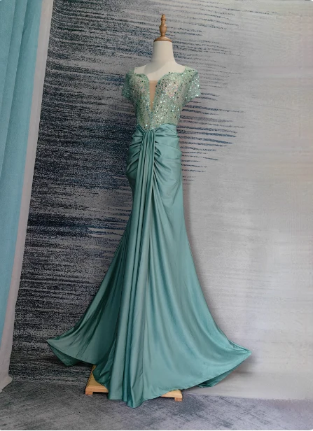 Elegant Mint Green Mermaid Sequin Satin Train Prom Dress Evening Dress P4686 - Image 3