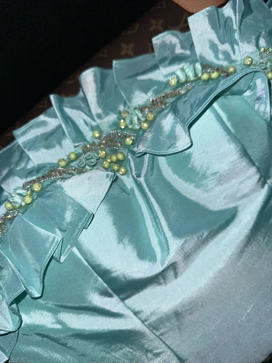Elegant Mint Green Satin Beaded Strapless Long Prom Dress P3444 - Image 4