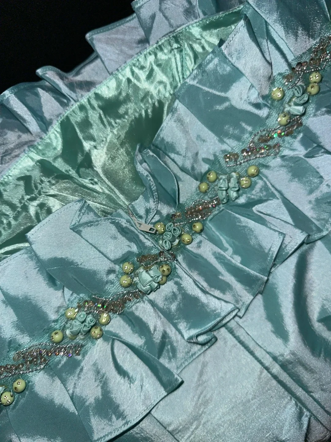 Elegant Mint Green Satin Beaded Strapless Long Prom Dress P3444 - Image 5