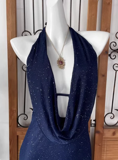 Elegant Navy Blue Halter Backless Glitter Satin Long Prom Dress Evening Dress P4543 - Image 3