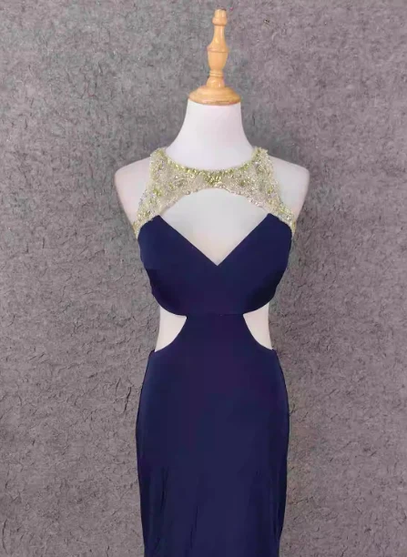 Elegant Navy Blue Mermaid Beaded Open Back Chiffon Long Prom Dress Evening Dress P4651 - Image 3