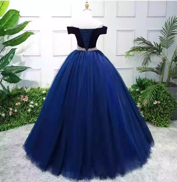 Elegant Navy Blue Off-the-Shoulder Velvet Tulle Ball Gown Evening Dress Sweet 16 Dress P4404 - Image 4