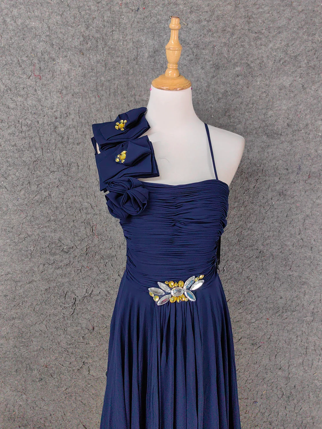 Elegant Navy Blue One-Shoulder 3D Floral Chiffon Long Prom Dress Evening Dress P4654 - Image 2