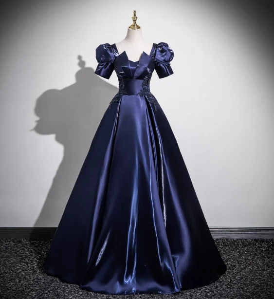 Elegant Navy Blue Puff Sleeve Satin Long Ball Gown Evening Dress Sweet 16 Dress P4418 - Image 2
