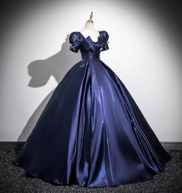 Elegant Navy Blue Puff Sleeve Satin Long Ball Gown Evening Dress Sweet 16 Dress P4418 - Image 3