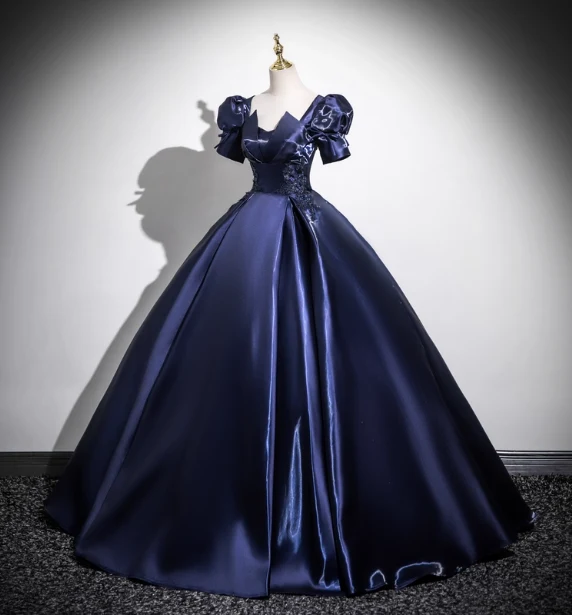 Elegant Navy Blue Puff Sleeve Satin Long Ball Gown Evening Dress Sweet 16 Dress P4418 - Image 4