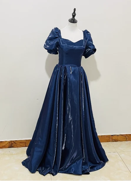 Elegant Navy Blue Puffed Short Sleeve Satin Long Prom Dress Evening Dress P4596