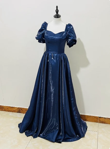 Elegant Navy Blue Puffed Short Sleeve Satin Long Prom Dress Evening Dress P4596 - Image 3