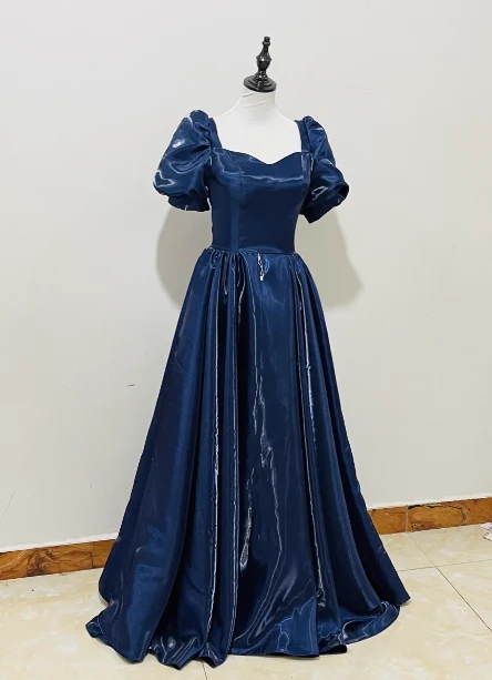 Elegant Navy Blue Puffed Short Sleeve Satin Long Prom Dress Evening Dress P4596 - Image 4